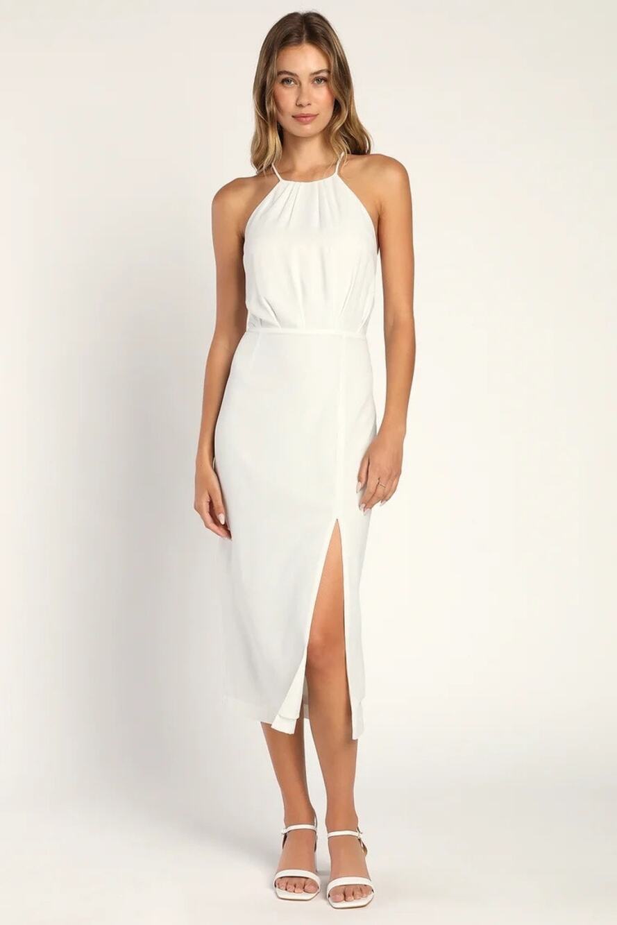 NWOT Lulus Dreamy Date Night White Sleeveless Midi Dress Wedding Cocktail Size M